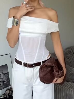 TA3 white drapey off shoulder corset top  Tie back Camisole Bustier XS eggshell